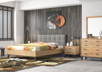 BED WITH LIGHT GREY FABRIC & HONEY FURNITURE *CHANGE IN THE HEAD: BED N75* WICK SEAM - BED N76* CAPITONE - BED N77* DOUBLE SEAM