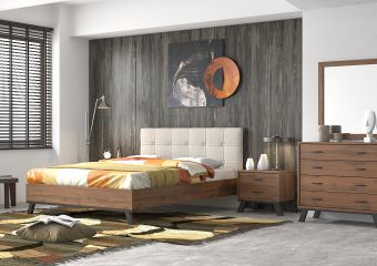 BED WITH ECRU FABRIC & NEW WALNUT FURNITURE *CHANGE IN THE HEAD: BED N75* WICK SEAM - BED N76* CAPITONE - BED N77* DOUBLE SEAM